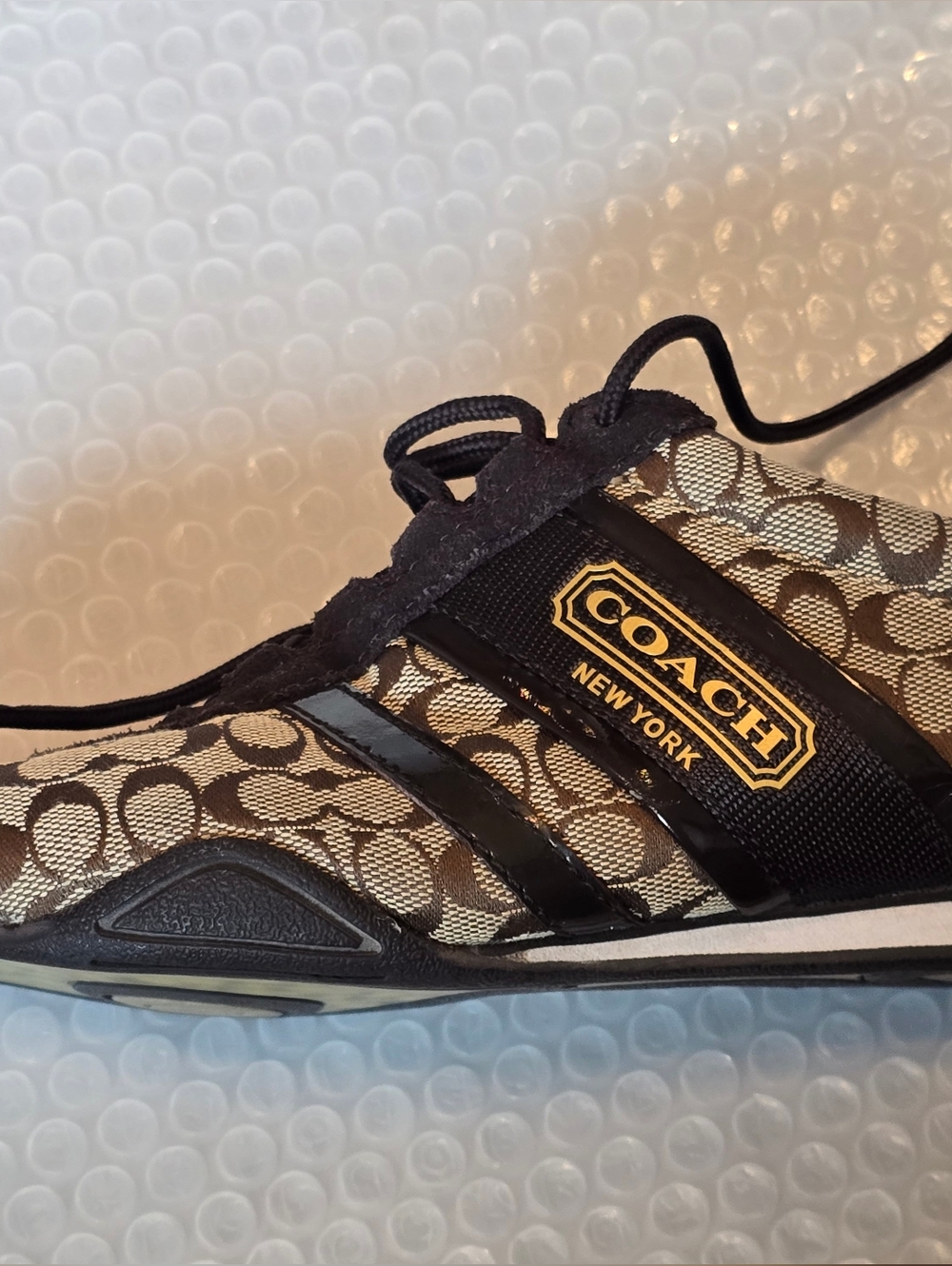 COACH New York REMONNA Brown Logo Shoes Sneakers Beige Canvas Suede Lace Up 8.5M - Picture 2 of 9